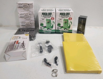 (2) Hercul-Easy Hoses, Magnet Storage Box, (3) LED String Lights, (2) Packs Of Plastic Folders