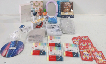 (4) Packs Of Highlighters, Mouse Pad, (3) Oil Brusg Bottles, Purple Mirror, Planner, Face Cotton, Shower Curtain And More