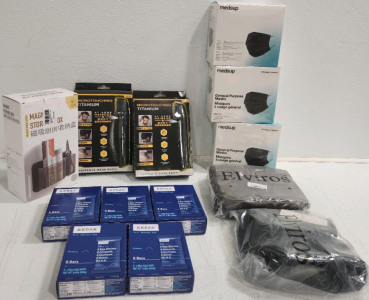 (5) Boxes Of Protein Bars, (3) Boxes Of Black Masks, (2) Men's Head Trimmers, (2) Toiletries Bags, Magnet Storage Box