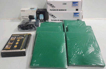 (2) Portable AC Window Kits, (8) Packs Of Green Folders, Hair And Body Trimmers, Black Masks, Toiletries Bag, Touch Lamp