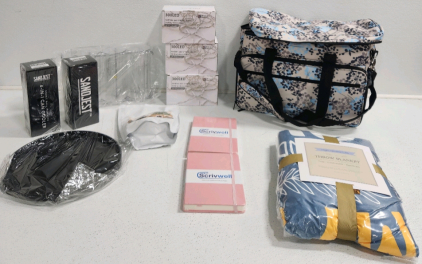 (3) LED String Lights, Cooler With Wheel Cart, Throw Blanket, (2) Pink Notebooks, (2) Can Coolers And More