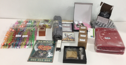 (1) Le Gid New Dvd Movie (8) Remanufactured Ink Cartridges (1) Gold Flask With (2) Shot Glasses (1) Kitchen Floor Mat (30) Crazy Straws and More!!