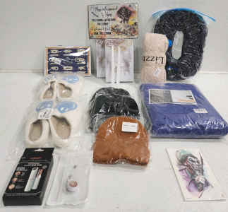 (2) Packs Of Tapper Candles, (3) Beanies, Seat Coushin, Duvet Cover Set, (2) Pairs Of Slippers And More