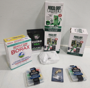Borax, (3) Hercul-Easy Hoses, Folding Shovel, (2) Screw And Wall Anchor Packs And More