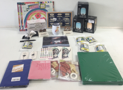 (2) Calenders, LED String Lights, (3) Touch Lamps, Light Sticks, Stickers, Ballons, Green Plastic Folders, Tumbler Cup And More