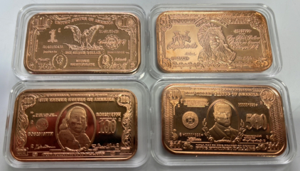 (4) 1 Troy Ounce .999 Fine Copper Commemorative Bars… (1) One Dollar, (1) Five Dollar, (1) One Hundred Dollar, (1) Five Hundred Dollar Designs