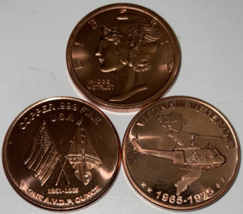 (3) 1oz .999 Fine Copper Rounds… Murcury Design, Vietnam Veteran, Civil War Battle Of Shiloh