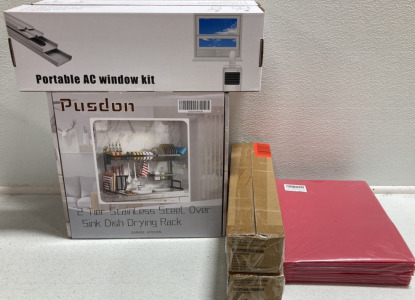 (2) Portable AC Window Kits, (2) Garden Clippinf Shears, Over Sink Storage and Drying Rack, (2) Packs of 6 Red Folders