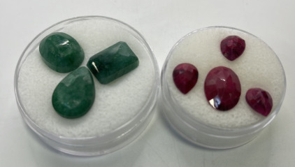 (1) Set of three 25.30ct Natural Columbian Emeralds Cut And Faceted, (1) Set Of Four Natural Red Ruby Gemstones