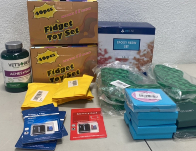 (4) High Speed Memory Cards, (7) Various Necklaces, (2) 40pcs Fidget Toy Sets, (1) Epoxy Resin Set, and more!