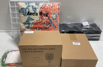 Multi-Color Area Rug, Solar Torch Light, Bubble Grid Candles, Floating Shelves