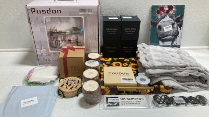 Over Sink Storage and Drying Rack, (4) Scented Candles, Pillow Covers, Sunflower Tray, Small Wood Slices, Bird Coasters and more