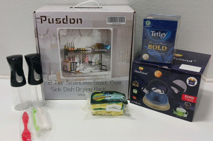 Sink Dish Drying Rack, Stainless Steel Kettle With Tea, Oil Sprayer And Scratcher/ Sponges