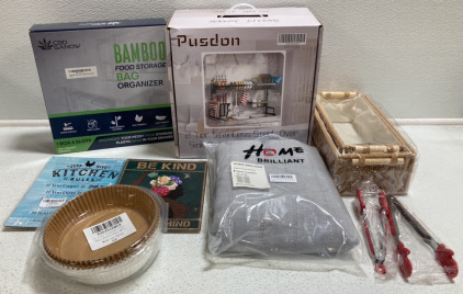 Over Sink Storage Rack, Storage Bag Organizer, Woven Baskets, Sheer Curtains, Tongs, Air Fryer Parchment, (2) Wood Signs