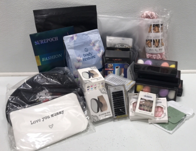 (4) Crystal Hair Remover (1) Lavender Shower Bombs-15 Tablets (1) Facial Hair Remover Tool (5) Lash Extensions (4) Makeup Sponges-5pcs (1) Hair Roller (4) Press On Nail Sets&hellip; and More