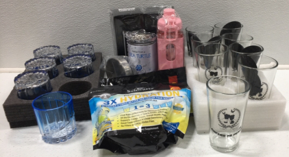 (1) 8pc Beer Glasses (3) Sea Turtle Tumbler/Can Cooler (1) Stainless Steel Soap Dish (1) 6pc Whiskey Glasses (2) Bio Schwartz Hydration-16packs (1) Water Bottle w/Straw