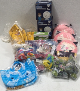 (1) 28pcs Plastic Dinosaurs (2) 30pcs Fidget Keychains (2) Fidget Purses (3) Champion Balls (3) Plush Dolls (1) 7pcs Girls Headbands (2) 12pcs Dinosaur Construction Toy and more