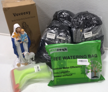(3) 50ft Garden Hose (1) Virgin Mary Garden Statue (1) Tree Watering Bag (2) Silcone Squeegees