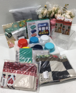(1) Sealed Lunch Box (1) 6pack Coffee Mug (2) Silicone Oil Brush (1) 120&rdquo; Checkered Table Cloth (2) White Rose w/Vase (1) 6Pcs Dining Room Chair Covers and more