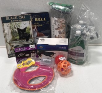 (1) Electronic Dog Toy (3) 32fl oz Flea & Tick Spray (1) Snuffle Mat (1) 6count Cesar Dog Food (1) Plush Toy .. and more