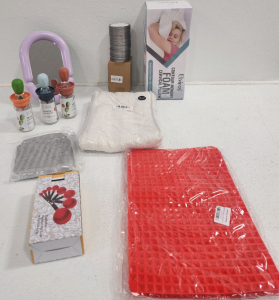 Memory Foam Pillow, (3) Oil Brush Bottles, Measuring Cup Set, Silicone Baking Mat, (2) Canning Lid Sets, Purple Mirror, Curtains And More