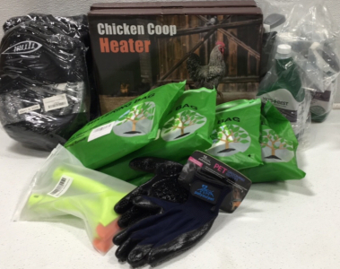 (2) 50ft Garden Hoses (4) Tree Watering Bags (2) Chicken Coop Heaters (3) 32floz Flea and Ticks Spray (1) Pair of Pet Grooming (2) Silcone Squeegees