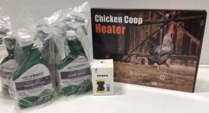 (1)Chicken Coop Heater (4) Flea and Tick Spray for Cats (1) Catnip Toy