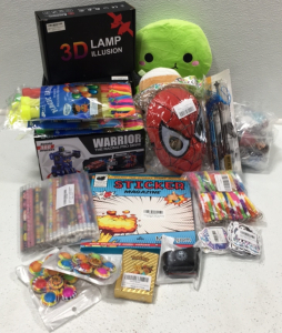 (4) 3D Anime Lamp (1) Transformer Robot Car (2) 2pack Fidget Spinners (1) Sticker Magazine (1) Comic Replica Sword (1) 55 pcs Pok&eacute;mon Cards and more