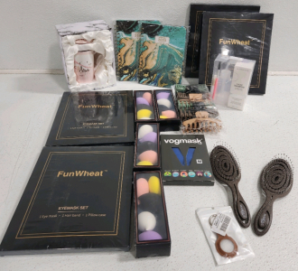 (4) Eyemask Sets, (4) Make-Up Sponge Setz, (2) Hair Brushes, Eyelashes Shampoo, (2) Planners And More