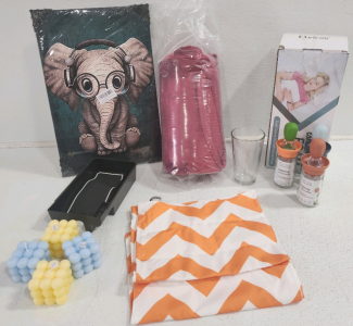 (3) Oil Brush Bottle, Memory Foam Pillow, (4) Candles, (2) Outdoor Pillow Cases, Throw Blanket, Elephant Canvas