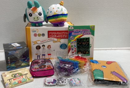 Kids Chemistry Sets, LCD Writing Pad, Pok&eacute;mon Card Binder, LOL OMG Hair Accessories, Dino Fidget Poppers, Stickers, Animal Quiz Cards, Light Up Balls, Stuffed Toys