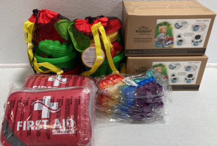 (2) Foldable Travel Toddler Potties, (5) Dino Fidget Poppers, (2) Sand Toy Sets, (2) Large First Aid Kits