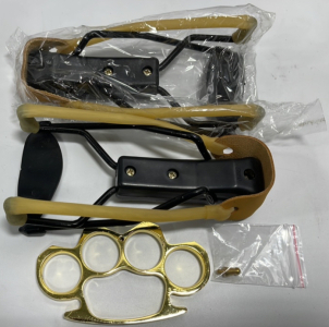 (2) High Velocity Folding Wrist Rocket Sling Shots, (1) Brass Toned Paperweight W/ Belt Hook Attachment