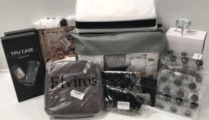 (1) King Size Quilt Set (1) Hanging Toiletries Kit (1) Scented Candle (5) 6pc Shower Curtain Hooks (2) 6pc Garment Bags &hellip; and more