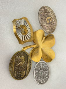 (4) Belt Buckles and Gold Toned Four Leaf Clover