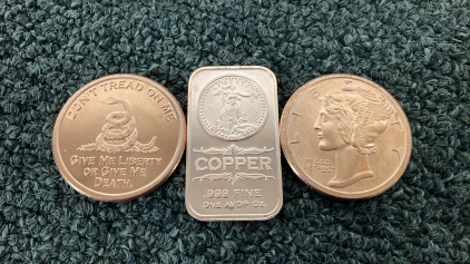 (2) .999 Fine Copper Rounds With (1) .999 Fine Copper Bar