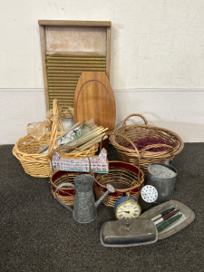 Baskets, Wood Platter, Silver Butter Dish, and More