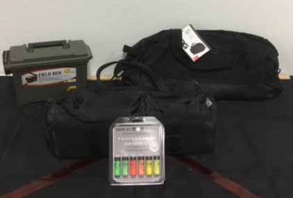 (1) New Plano Field Box Ammo Box (1) New SOG Outbound Backpack Duffle Bag (1) New Bright Sights Professional Gun Sight Kit (1) Bucks Bags Laptop Case