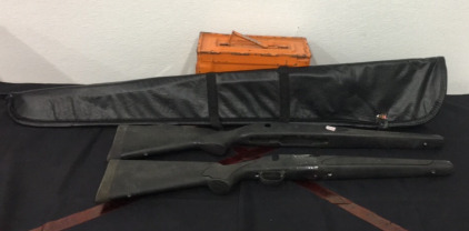 (1) Remington Sythetic Gun Stock (1) Unknown Synthetic Gun Stocks (1) Allen Single Rifle Soft Gun Case (1) Orange Metal Ammo Can