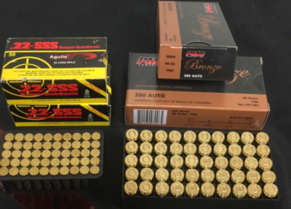 (2) Boxes Of (50) PMC Bronze 380 Auto Ammunition (2) Boxes Of (50) Aguila Sniper Sun Sonic .22 Ammunition