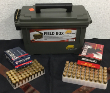 (1) Box Of (50) American Eagle 45 Auto Ammunition (1) Box of (50) Fiocchi 45 Auto Ammunition (1) Plano Field Box Ammo Box