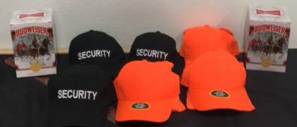 (3) New Security Baseball Caps (3) New Orange Blaze Hunting Hat/Vest Combos (2)New Budweiser Limited Edition Clydesdale Beer Steins