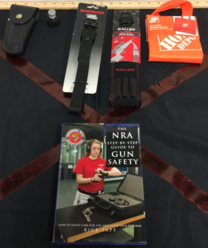 (1) New Winchester Original Super Sling Rifle Sling (1) New Allen Daytona Rifle Sling (1) Leather Pistol Holster (1) New Home Depot Reusable Shopping Bag (1) NRA Safety Hardback Book