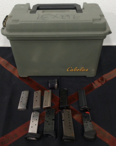 (10) Various Brand, Caliber, Capacity Magazines (1) Plastic Cabela's Ammo Box