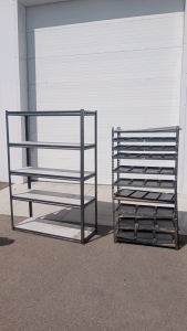 (1) 48" x 72"x 18" Metal Frame Wood 5-Shelf Unit (1) 34" x 16" 62" Metal Frame 10-shelf Unit