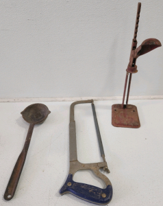 Vintage Bottle Capper, Large Cast Iron Spoon, Hand Saw