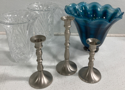 (3) Candle Sticks, Blue Vase, (2) Glass Vases