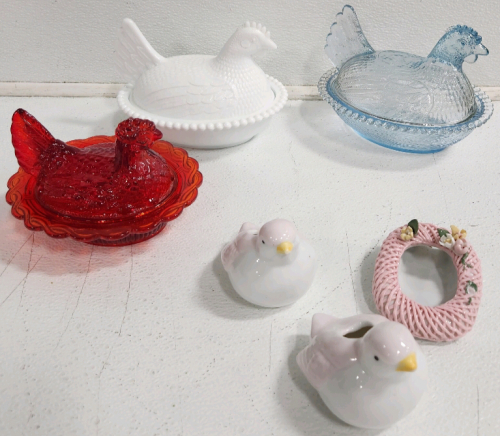 (3) Glass Chicken Candy Dishes, Chick Knickknacks