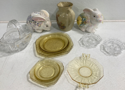 (2) Cermaic Bunnies, Yellow Glass Plates, Bunnie Pitcher And More