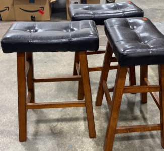 (3) Short Black Cushion Wooden Bar Stools